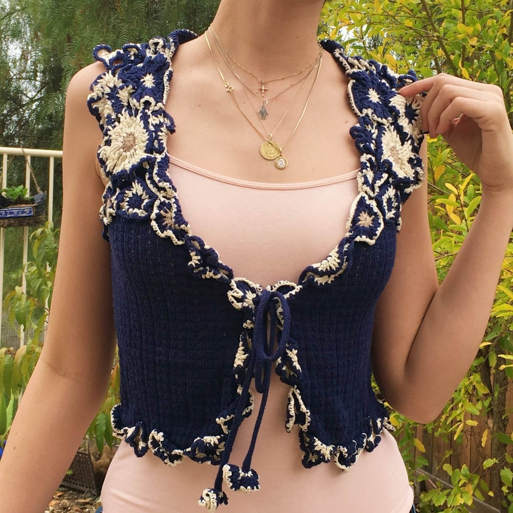 Navy Floral Crochet Vest